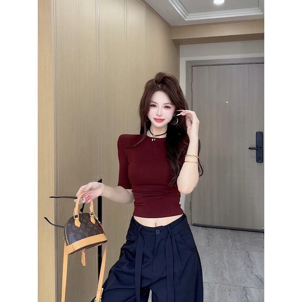 이른 가을 신제품 패션 다용도 작은 원 칼라 중간 소매 맨위 여성 상세 이미지 10