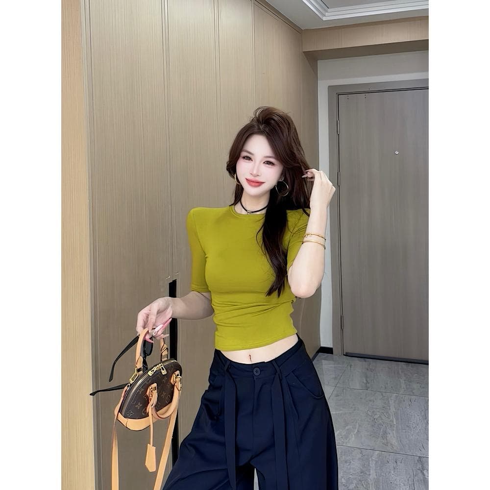 이른 가을 신제품 패션 다용도 작은 원 칼라 중간 소매 맨위 여성 상세 이미지 11