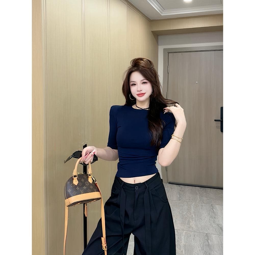 이른 가을 신제품 패션 다용도 작은 원 칼라 중간 소매 맨위 여성 상세 이미지 17