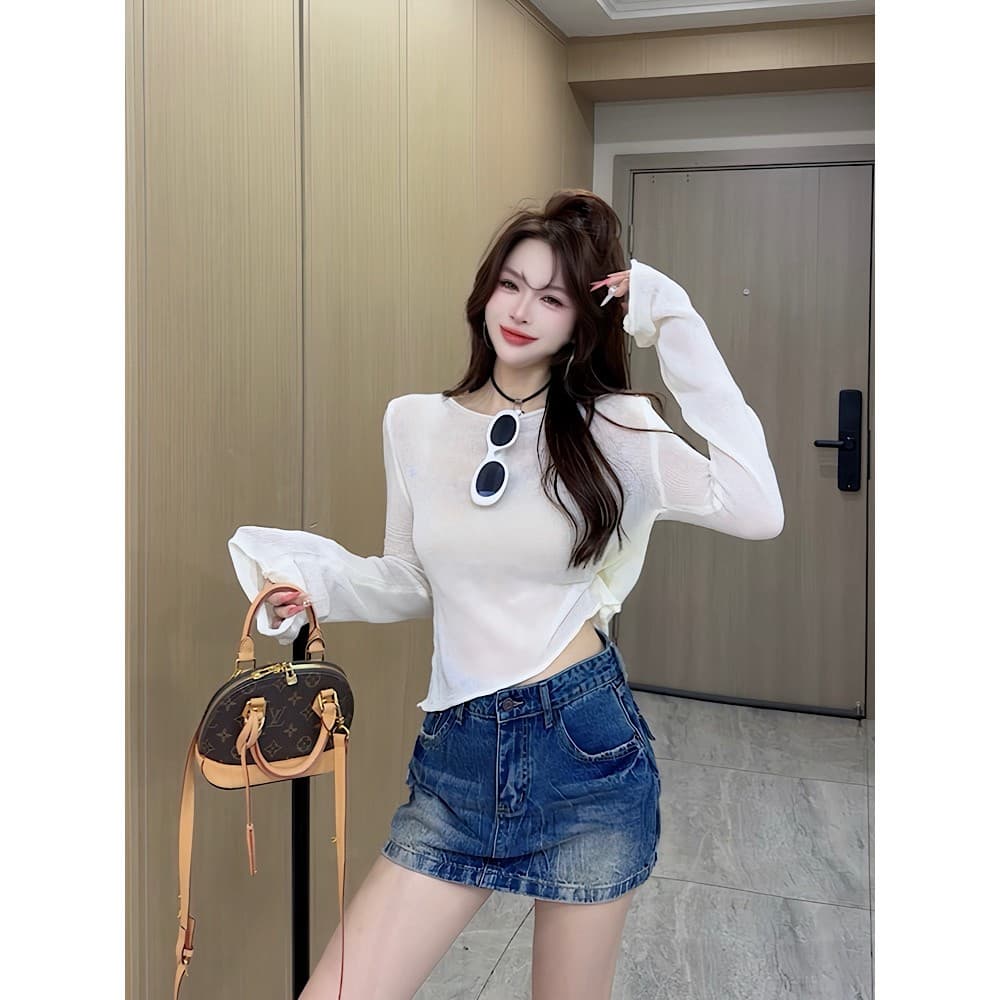 이른 가을 신제품 패션 디자인 센스 나팔 소매 한 부서 니트 맨위 여성 이미지 3