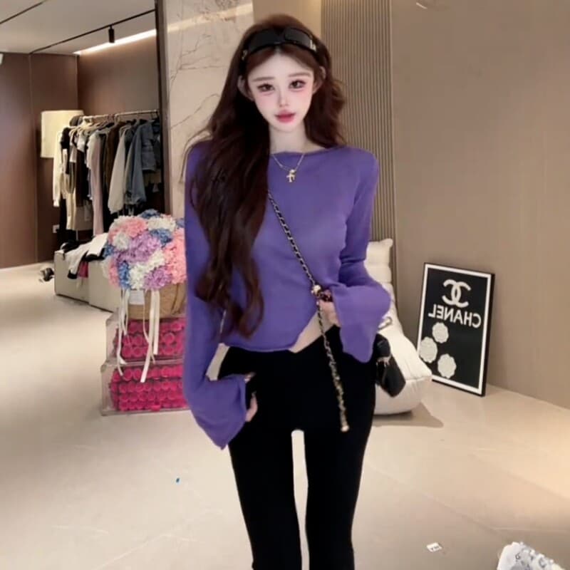 한 부서 부드러운 바람 나팔 소매 라운드 넥 니트 티셔츠 여성 이른 가을 새로운 품격 루즈핏 슬림해 보이는 다용도 짧은 맨위 상세 이미지 5