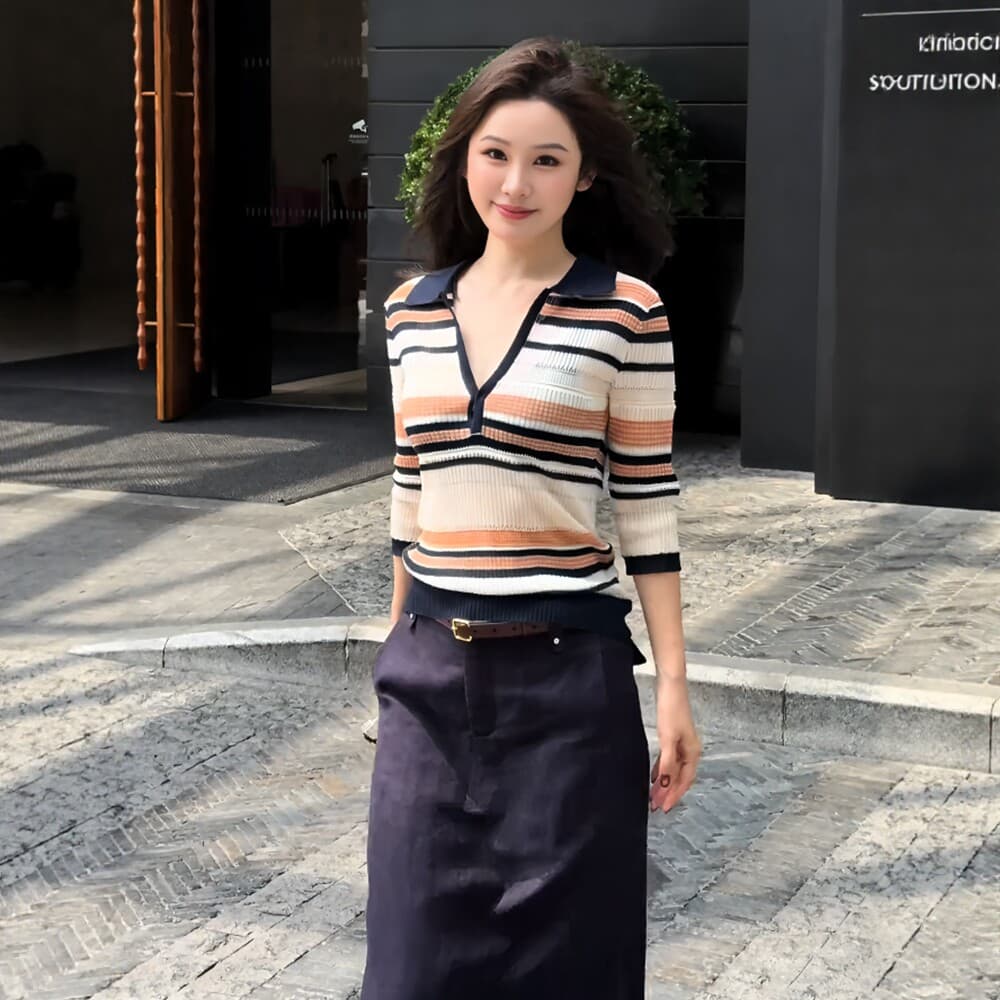 한 부서 스트라이프 배색 POLO 칼라 니트 스웨터 반팔 티셔츠 여성 이른 가을 새로운 레트로 품격 V넥 몸매 가꾸기 맨위 상세 이미지 1