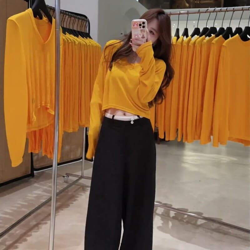 핫걸 바람 주황색 V넥 긴팔 티셔츠 여성 조기 가을 캐주얼 다용도 자외선 차단 블라우스 기본 셔츠 쇼트 스타일 맨위 이미지 5