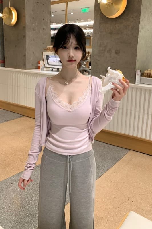 부드러운 바람 V넥 레이스 측면 패치워크 슬립 긴팔 오픈 가디건 이른 가을 여성 2026 새로운 몸매 가꾸기 슬림해 보이는 투피스 세트 이미지 6
