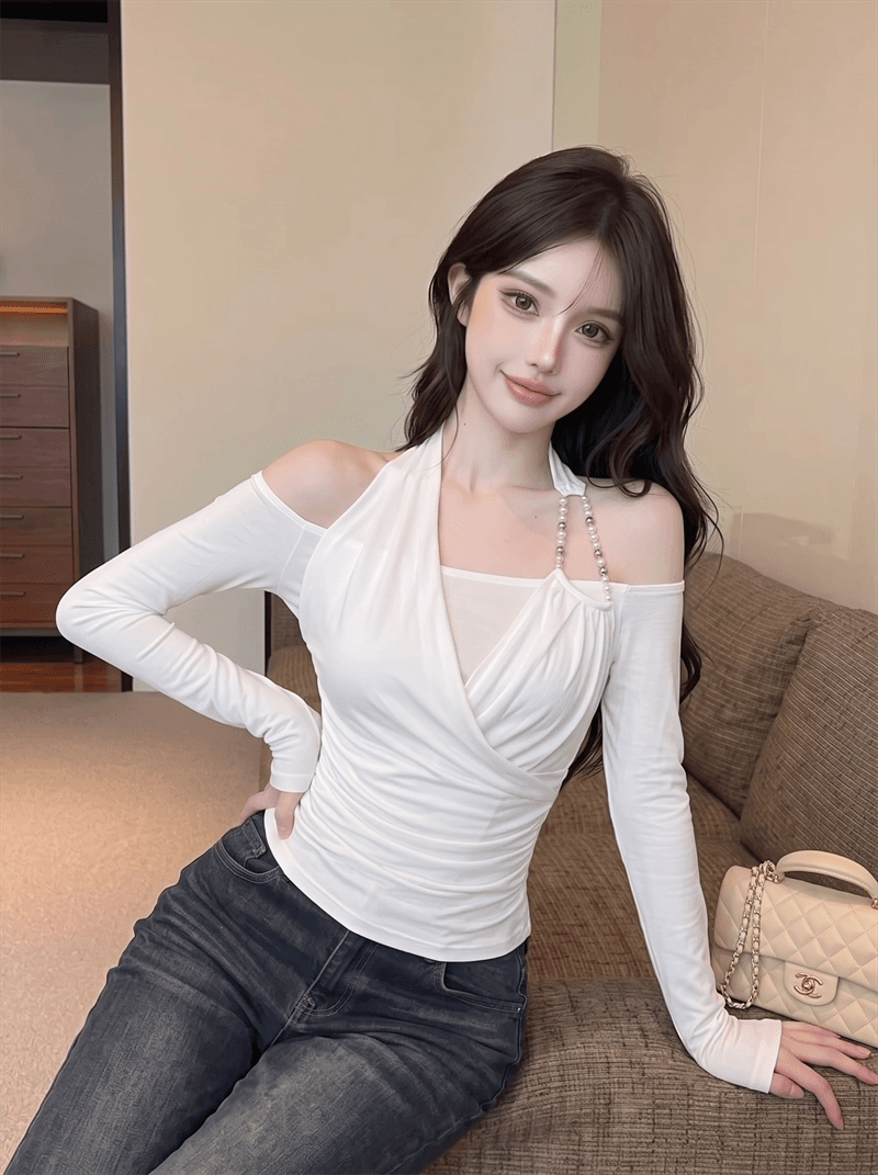 순수한 욕망 바람 화이트 페이크 레이어드 행침 목 긴팔 티셔츠 가을 핫걸 오프숄더 슬림해 보이는 맨위 타이 클립 상세 이미지 5