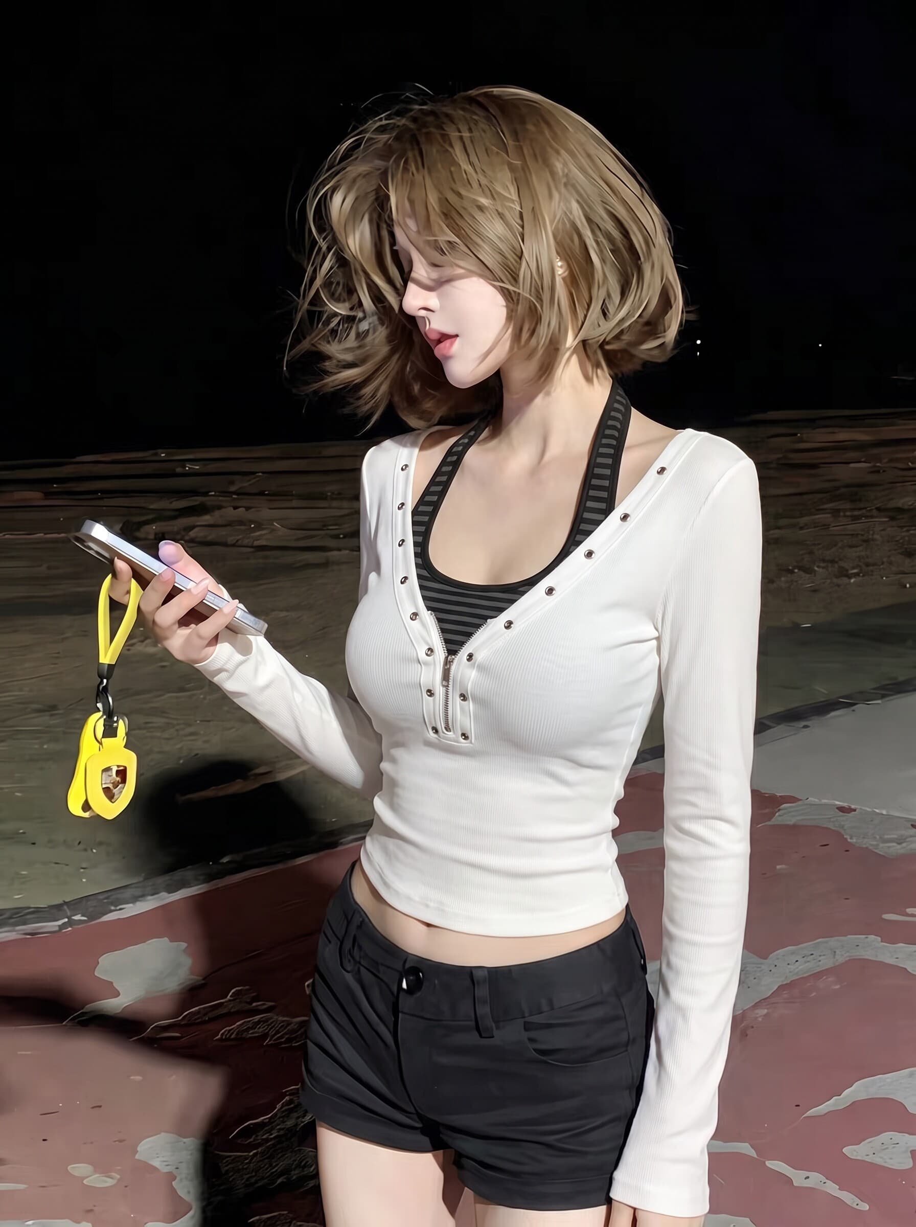 페이크 레이어드 스트라이프 행침 목 긴팔 티셔츠 여성 가을 아메리칸 핫걸 u 칼라 맨위 디자인 센스 작은 대중 기본 셔츠 인사이드 가져 가라. 이미지 4