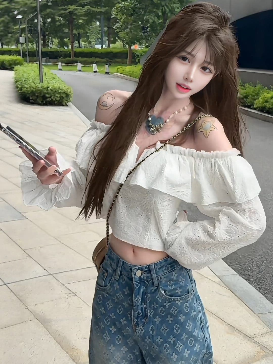 프랑스식 핫걸 바람 이른 가을 새로운 화이트 오프숄더 반 개방 칼라 자카드 홀로우 아웃 프릴 나팔 소매 여성 셔츠 이미지 4