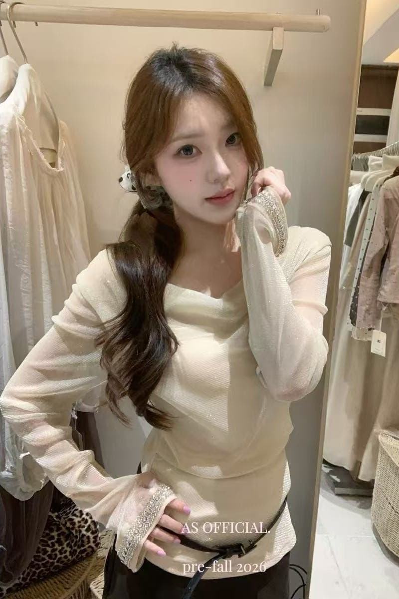 순수한 욕망 망사 비스듬한 어깨 긴팔 티셔츠 여성 조기 가을 인사이드 가져 가라. 만나는 마이크로 ~을 통해 얇은 스타일 작은 셔츠 섹시함 핫걸 맨위 이미지 6