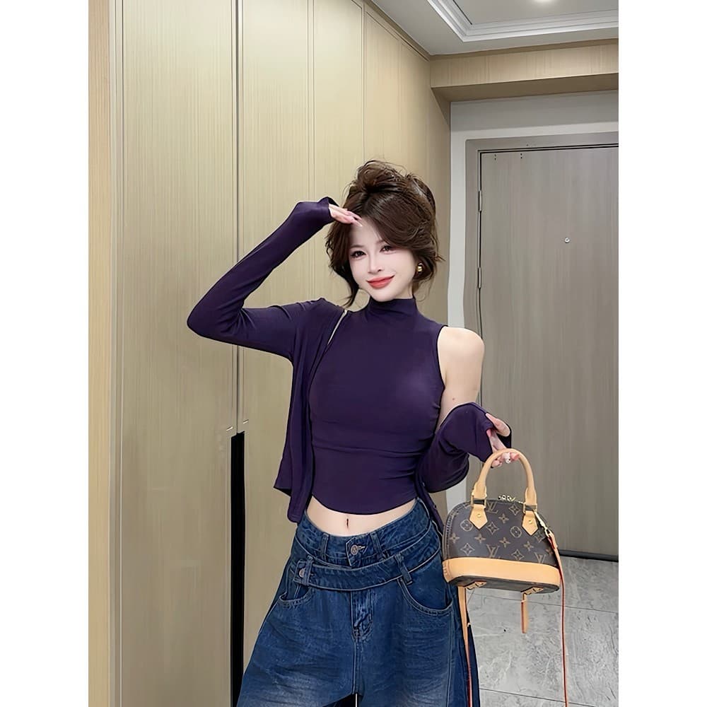 2026 가을 새로운 한 부서 핫걸 터틀넥 몸매 가꾸기 허리 수축 풀오버 민소매 조끼 긴팔 오픈 가디건 투피스 슈트 이미지 4