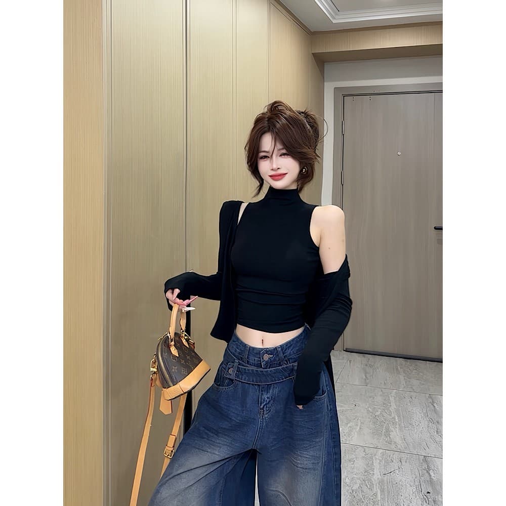 2026 가을 새로운 한 부서 핫걸 터틀넥 몸매 가꾸기 허리 수축 풀오버 민소매 조끼 긴팔 오픈 가디건 투피스 슈트 이미지 5
