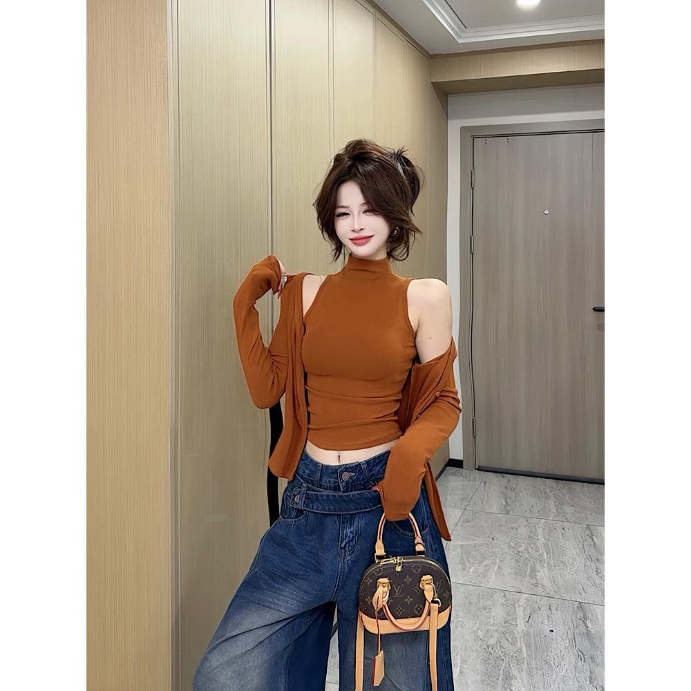 2026 가을 새로운 한 부서 핫걸 터틀넥 몸매 가꾸기 허리 수축 풀오버 민소매 조끼 긴팔 오픈 가디건 투피스 슈트 상세 이미지 5