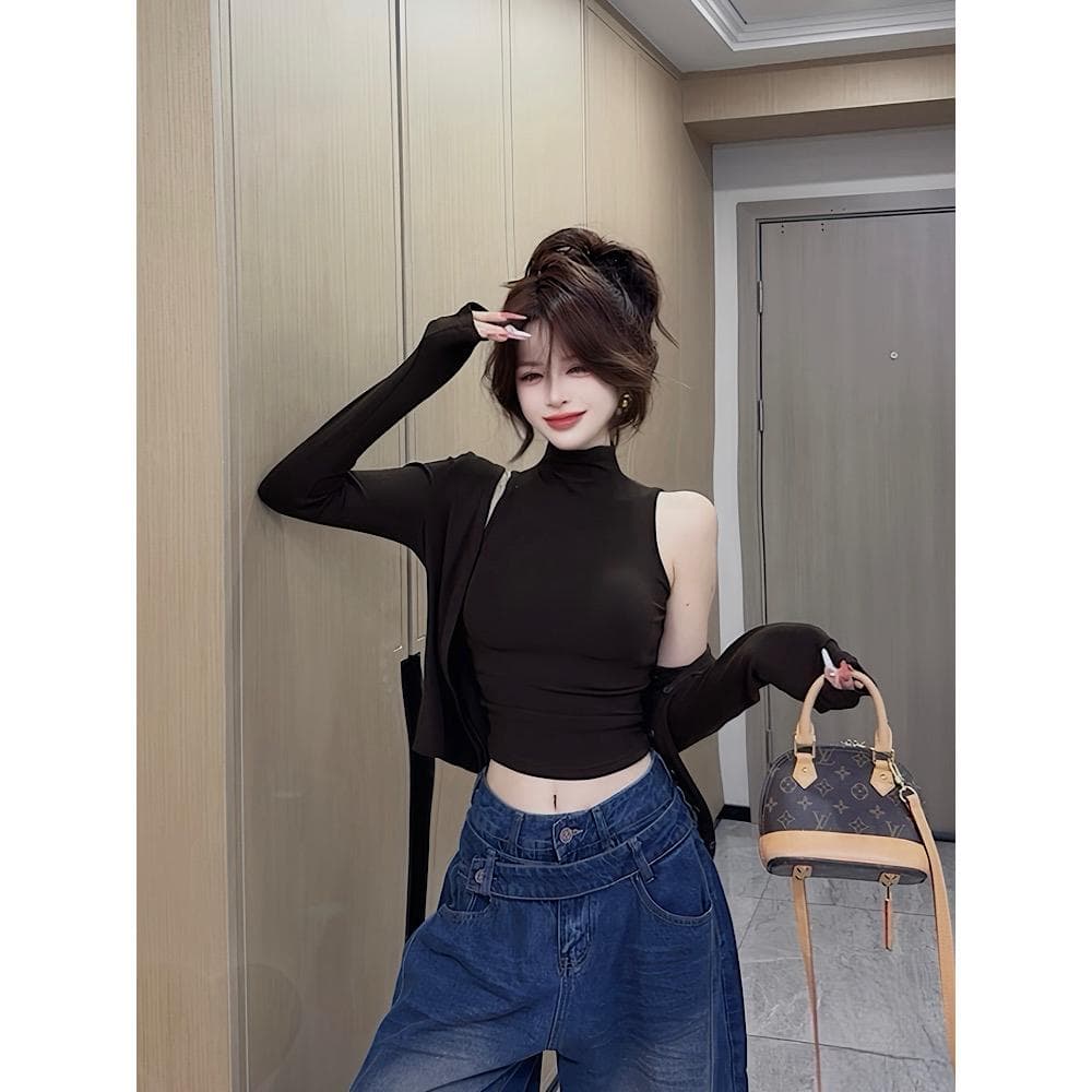 2026 가을 새로운 한 부서 핫걸 터틀넥 몸매 가꾸기 허리 수축 풀오버 민소매 조끼 긴팔 오픈 가디건 투피스 슈트 상세 이미지 6