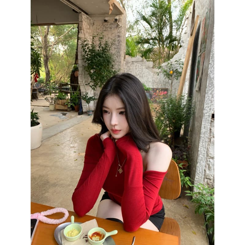 아메리칸 핫걸 바람 순수한 욕망 터틀넥 오프숄더 긴팔 티셔츠 이미지 6