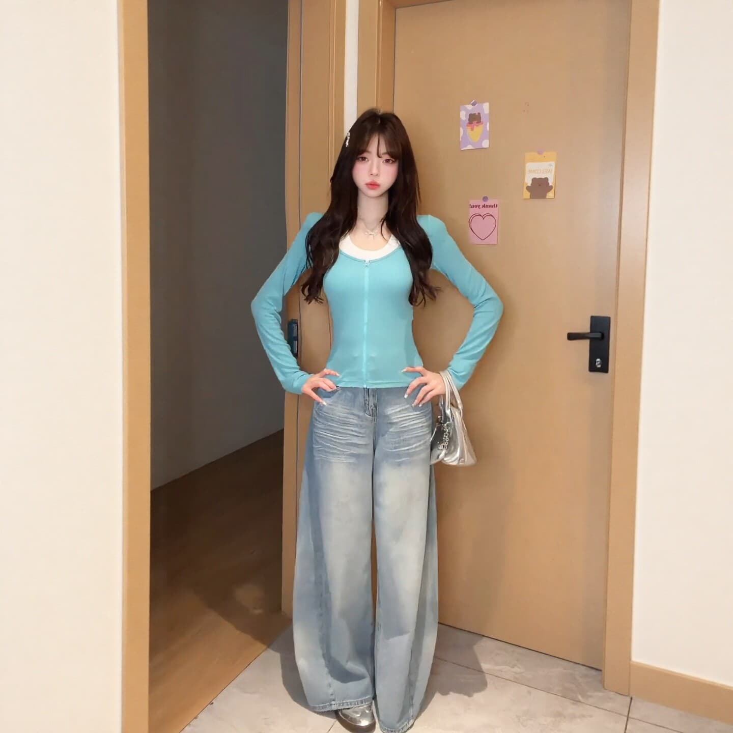 한 부서 배색 패치워크 페이크 레이어드 행침 목 u 칼라 긴팔 티셔츠 여성 가을 몸매 가꾸기 디자인 센스 고급 센스 맨위 상세 이미지 4