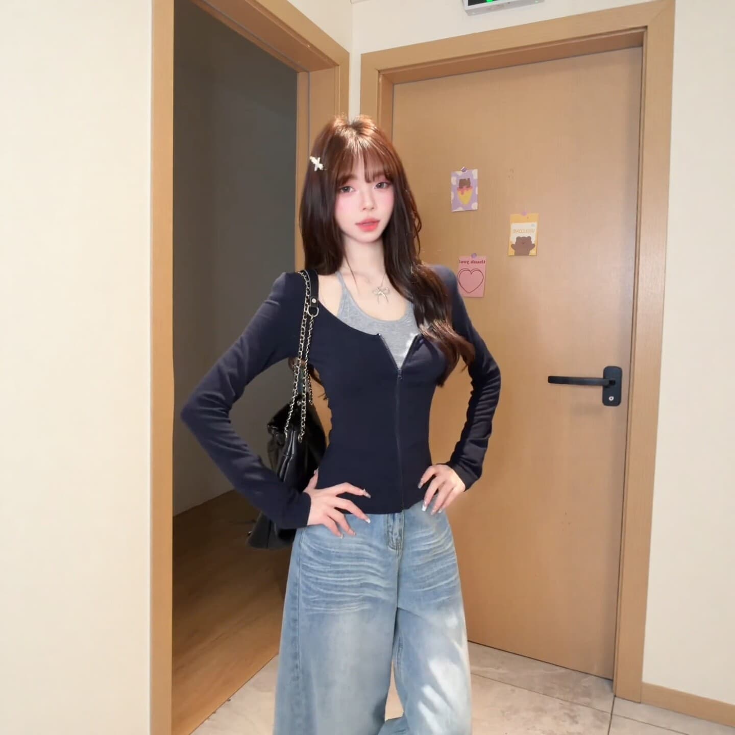 한 부서 배색 패치워크 페이크 레이어드 행침 목 u 칼라 긴팔 티셔츠 여성 가을 몸매 가꾸기 디자인 센스 고급 센스 맨위 상세 이미지 6