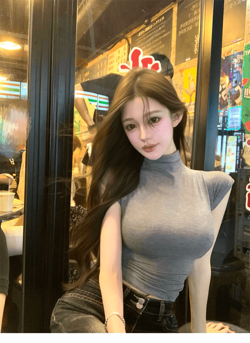 cher 챠오어 soft layer 반하이넥 티셔츠 여성 한 부서 작은 날다 소매 몸매 가꾸기 인사이드 가져 가라. 만나는 맨위 상세 이미지 5