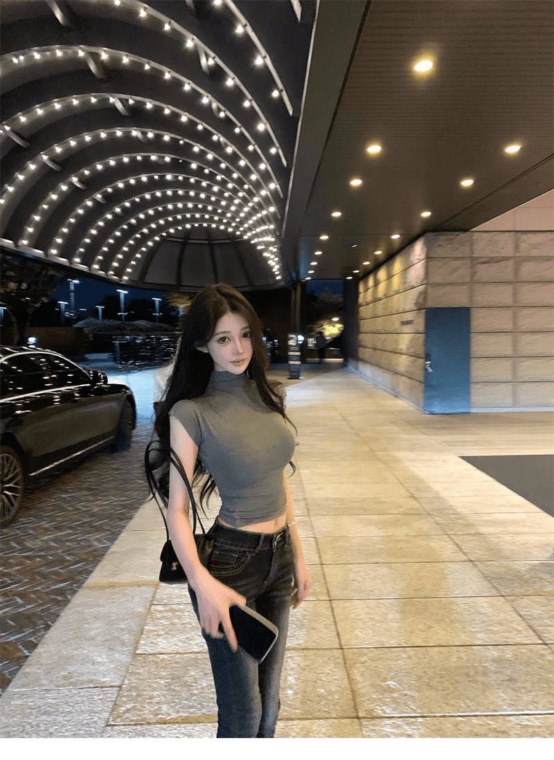 cher 챠오어 soft layer 반하이넥 티셔츠 여성 한 부서 작은 날다 소매 몸매 가꾸기 인사이드 가져 가라. 만나는 맨위 상세 이미지 25