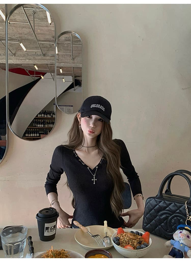 아메리칸 레트로 V넥 몸매 가꾸기 긴팔 티셔츠 여성 인사이드 가져 가라. 기본 셔츠 맨위 가을 상세 이미지 4