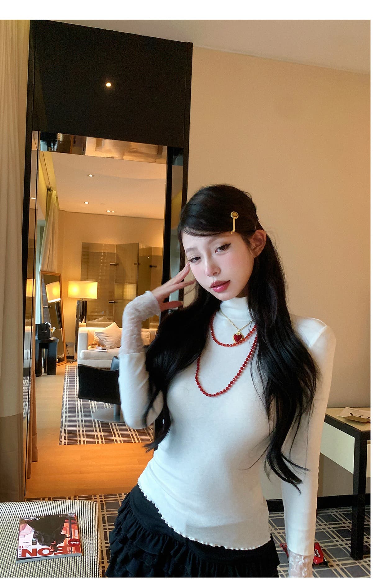순수한 욕망 홀로우 아웃 레이스 조각 터틀넥 긴팔 티셔츠 여성 몸매 가꾸기 슬림해 보이는 인사이드 잡아라. 의류 이미지 6
