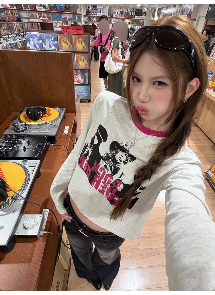 아메리칸 레트로 마 오래된 프린트 티셔츠 여성 루즈핏 슬림해 보이는 긴팔 맨위 가을 상세 이미지 11