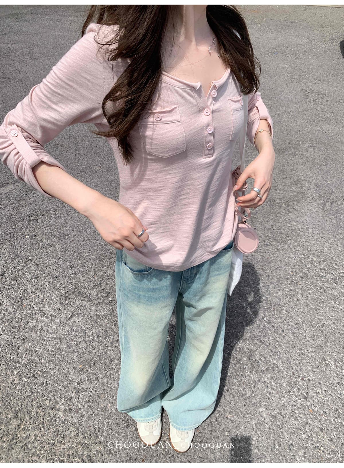 대나무 마디 면 헨리 칼라 워크웨어 버클 袢 슬림해 보이는 긴팔 티셔츠 여성 가을 맨위 상세 이미지 4