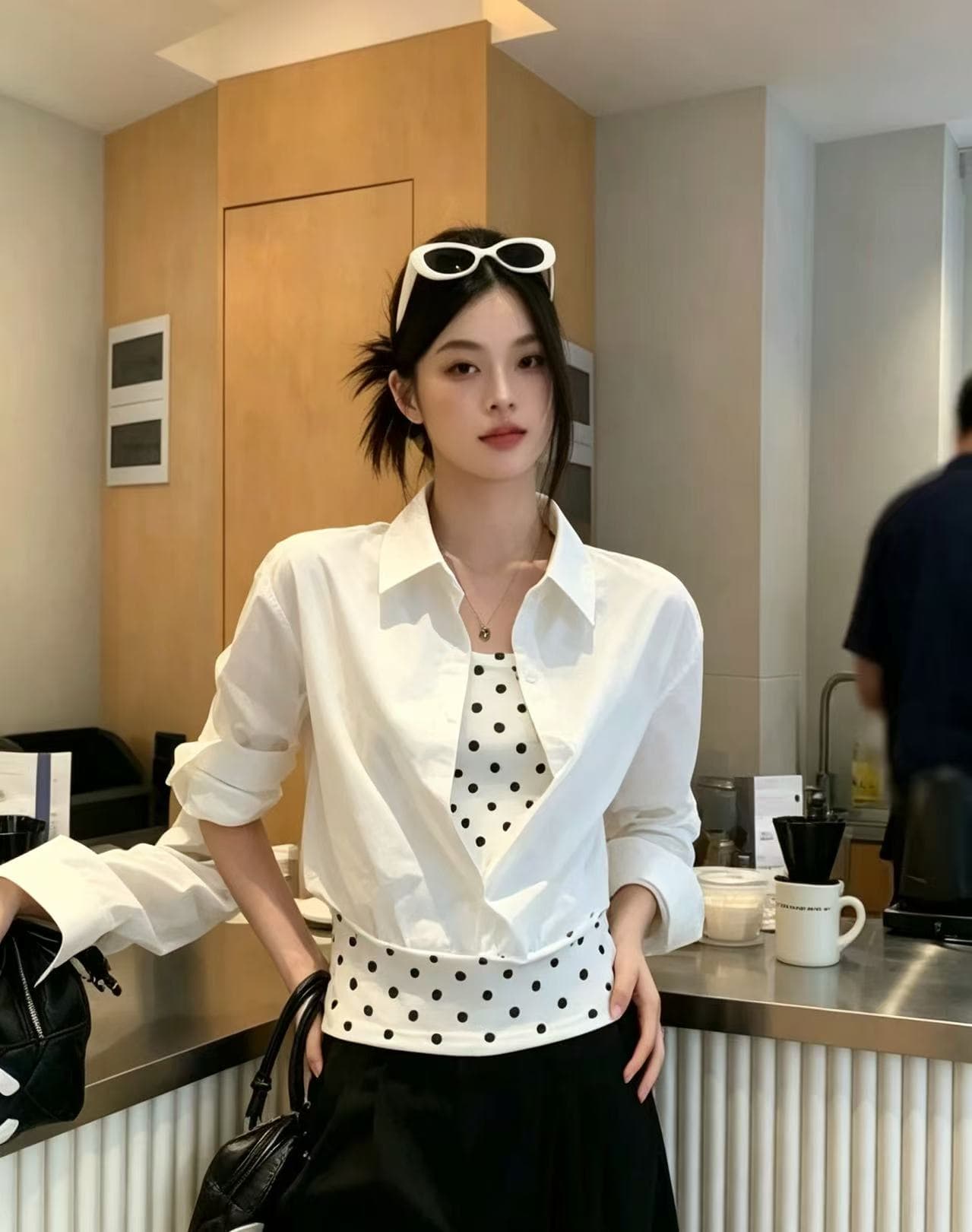 화이트 도트 무늬 페이크 레이어드 긴팔 상세 이미지 5