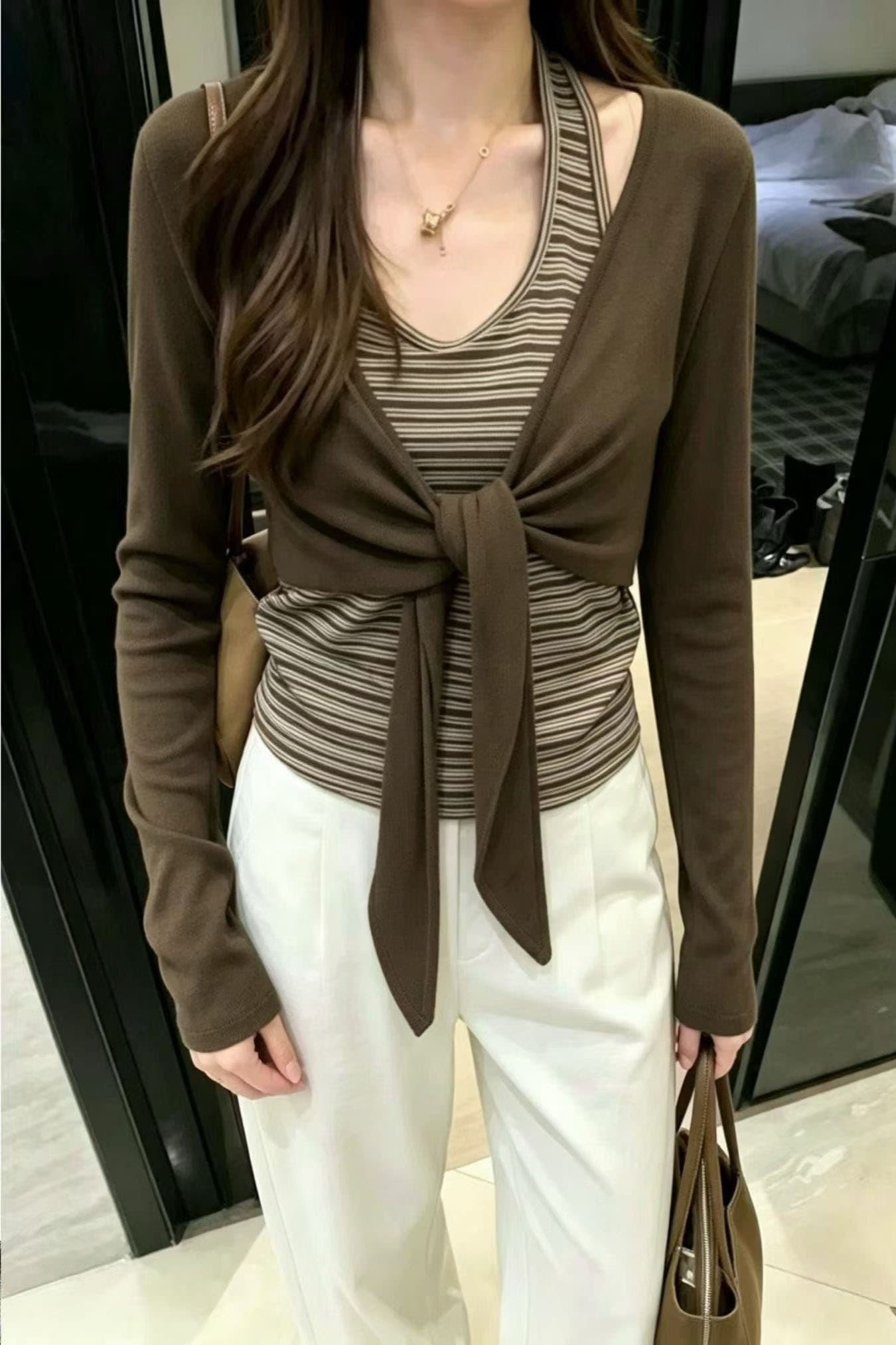 한 부서 스트랩 오픈 가디건 숄 스트라이프 조끼 배색 페이크 레이어드 스택 착용 긴팔 티셔츠 여성 이른 가을 다용도 맨위 이미지 6