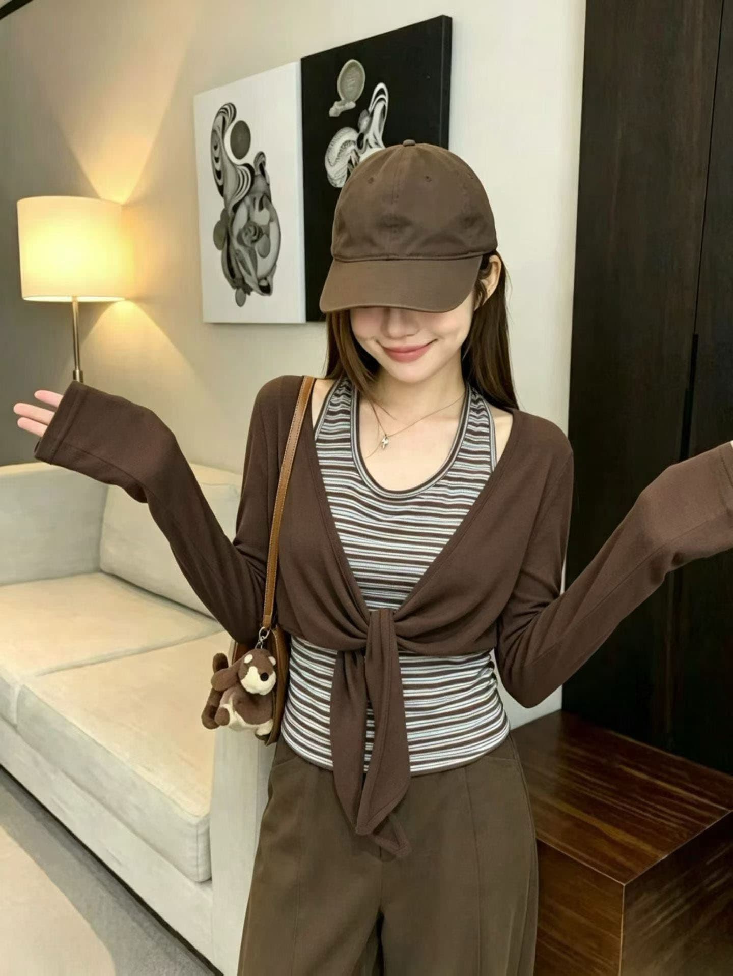 한 부서 스트랩 오픈 가디건 숄 스트라이프 조끼 배색 페이크 레이어드 스택 착용 긴팔 티셔츠 여성 이른 가을 다용도 맨위 상세 이미지 1