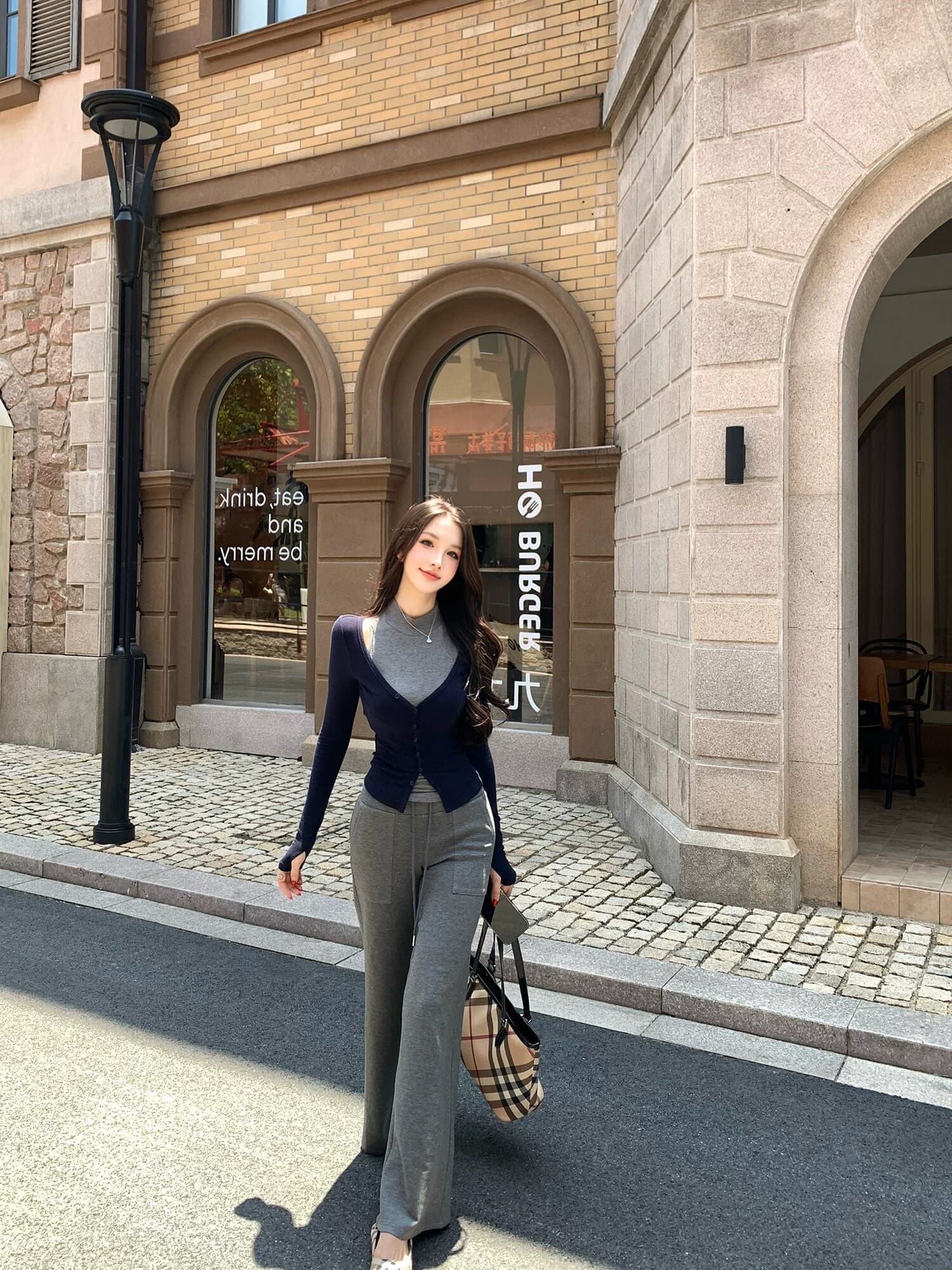 farte shop 서울 유럽 니켈 회색 조끼 V넥 파란색 오픈 가디건 두 조각 여성 세트 봄 가을 맨위 상세 이미지 2