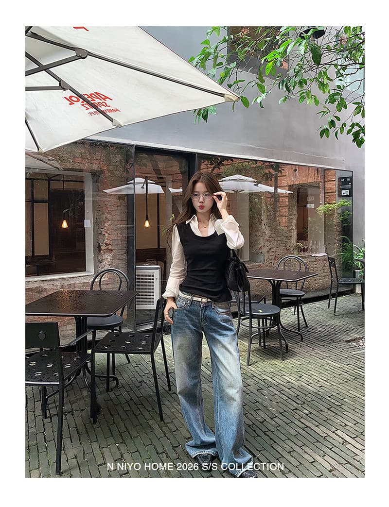 배색 페이크 레이어드 여성 셔츠 이른 가을 한 부서 학원 스타일 몸매 가꾸기 디자인 센스 셔츠 아름다운 맨위 상세 이미지 4