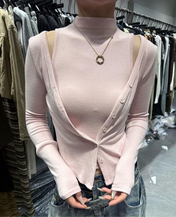 핫걸 바람 반하이넥 투피스 세트 몸매 가꾸기 슬림해 보이는 여성 티셔츠 이미지 4
