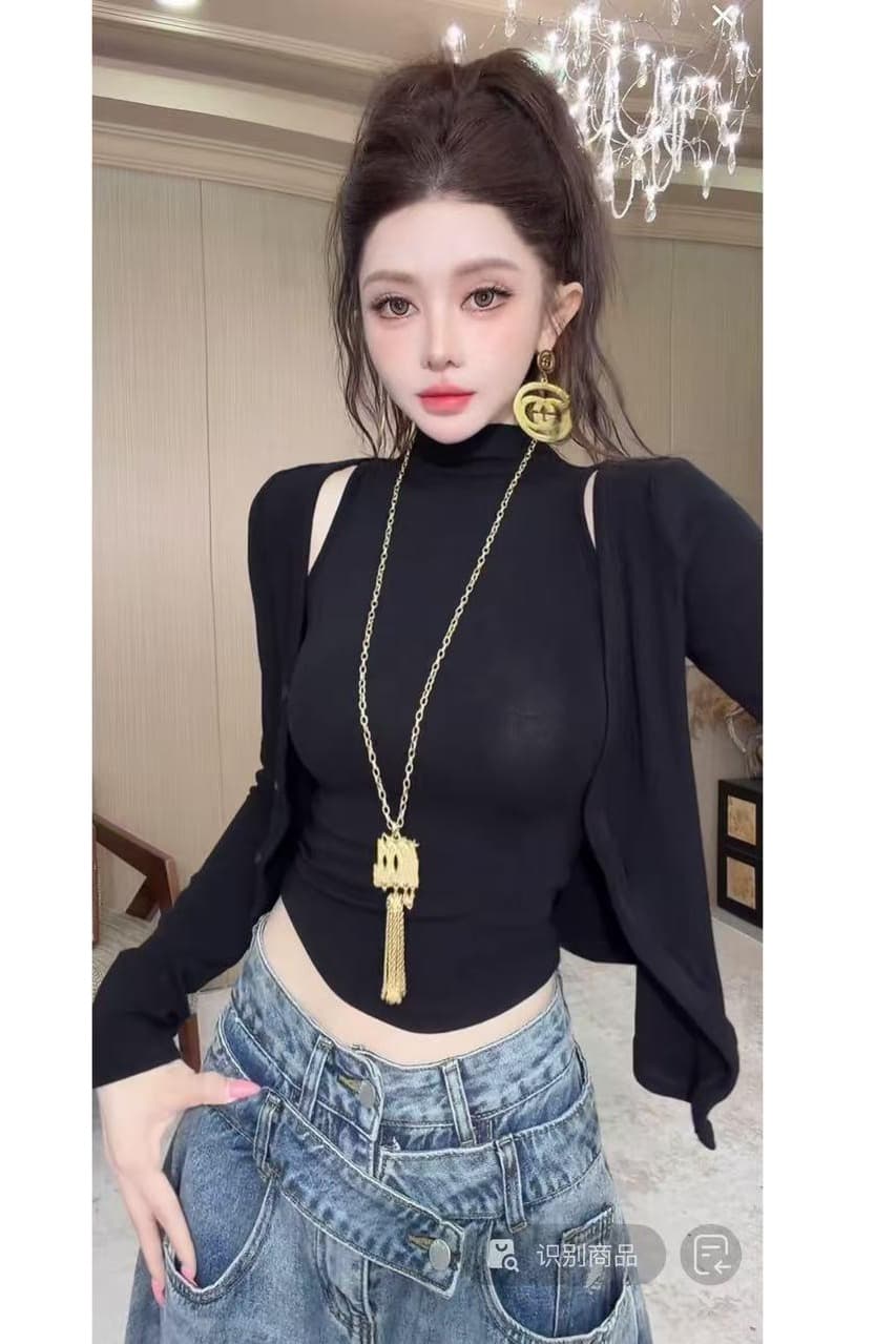 가을 핫걸 새로운 패션 다용도 슬림해 보이는 몸매 가꾸기 반하이넥 조끼 긴팔 오픈 가디건 품격 패션 세트 여성 이미지 6