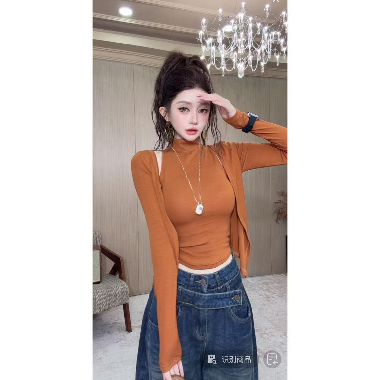 가을 핫걸 새로운 패션 다용도 슬림해 보이는 몸매 가꾸기 반하이넥 조끼 긴팔 오픈 가디건 품격 패션 세트 여성 상세 이미지 3