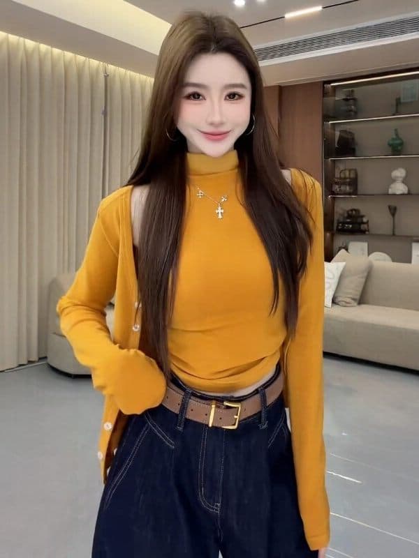 빛 요리 한 코치 전체 집합 착용 가져 가라. 2026 가을 도파민 터틀넥 조끼 니트 오픈 가디건 투피스 슈트