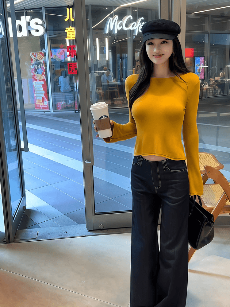 미니멀리즘 바람 단색 나팔 소매 여성 의류 가을 기초 섹션 슬림해 보이는 몸매 가꾸기 기본 셔츠 다용도 신축성 긴팔 맨위 이미지 2