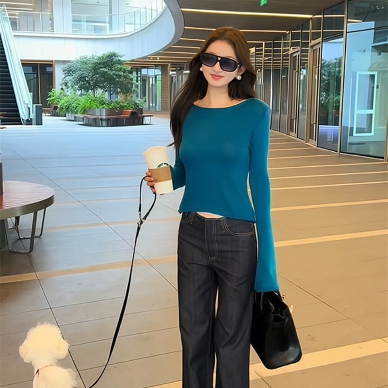 미니멀리즘 바람 단색 나팔 소매 여성 의류 가을 기초 섹션 슬림해 보이는 몸매 가꾸기 기본 셔츠 다용도 신축성 긴팔 맨위 이미지 5