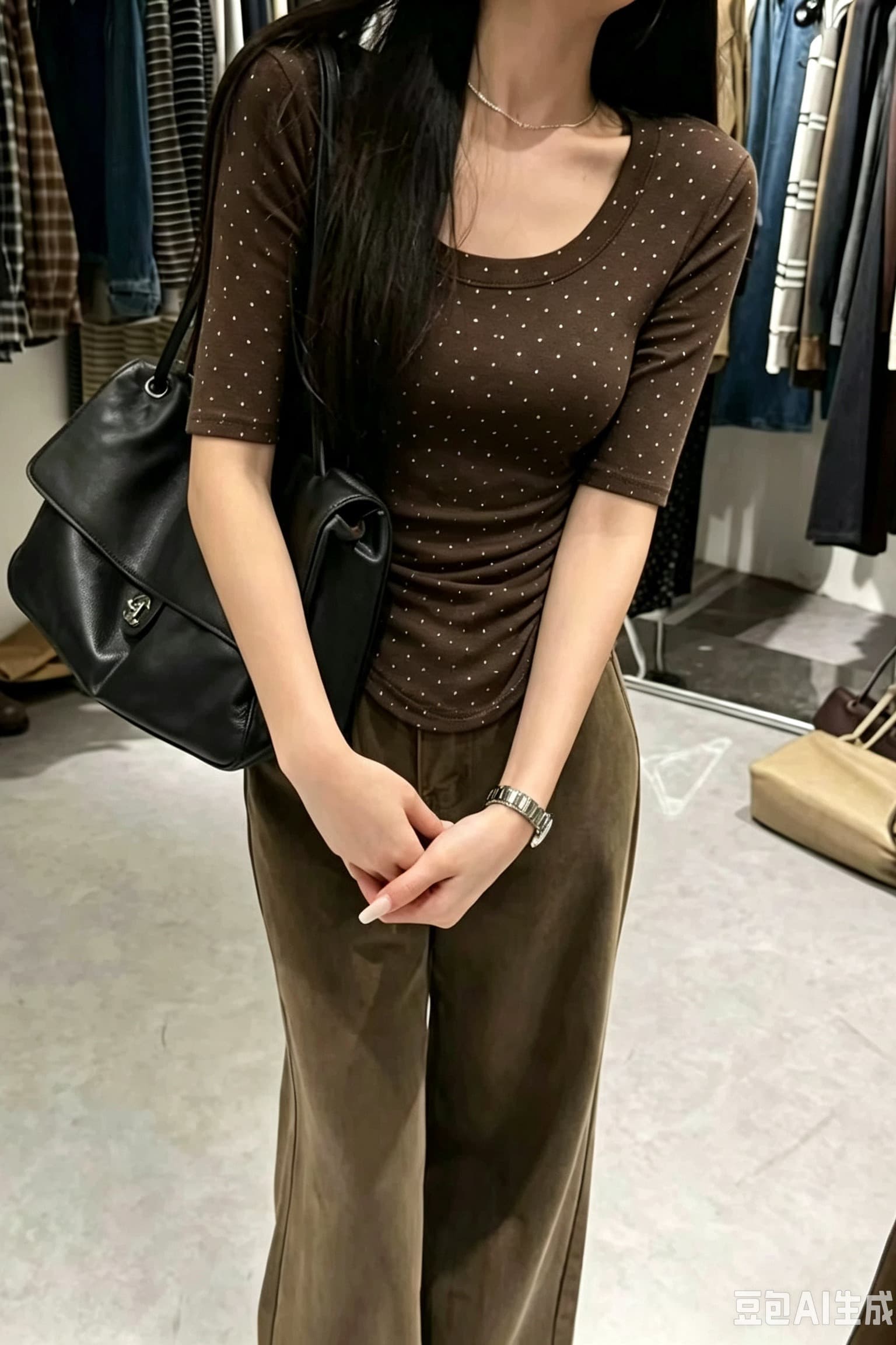 2026 이른 가을 새로운 한국 스타일 패션 다용도 도트 무늬 u 칼라 중간 소매 티셔츠 여성 몸매 가꾸기 슬림해 보이는 쇼트 스타일 맨위 이미지 6