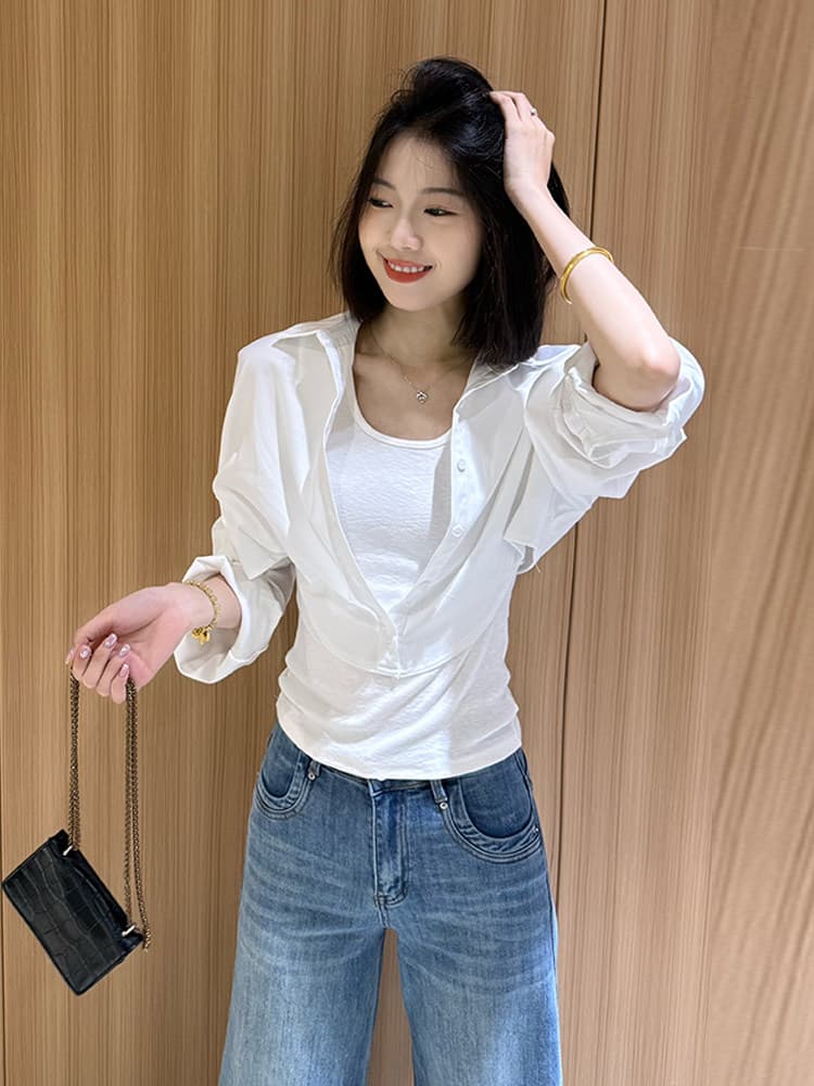 프랑스식 예술 계열 맨위 표지 고기 슬림해 보이는 페이크 레이어드 셔츠 여성 의류 2026 새로운 느슨함 센스 출퇴근 바람 셔츠