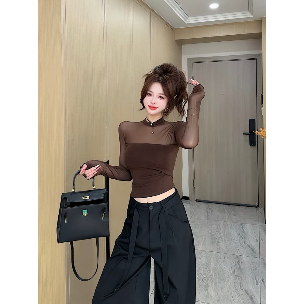 이른 가을 신제품 패션 핫걸 바람 망사 패치워크 슬림해 보이는 맨위 여성 가슴 사전 이미지 2