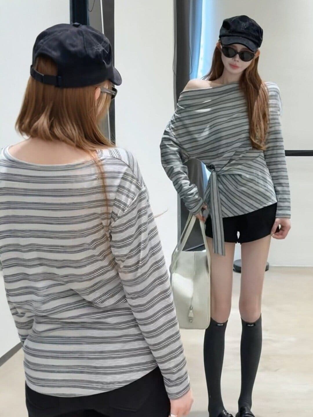 프랑스식 레트로 스타일 스트라이프 비스듬한 어깨 긴팔 티셔츠 여성 가을 새로운 스트랩 허리 수축 슬림해 보이는 출퇴근 품격 맨위