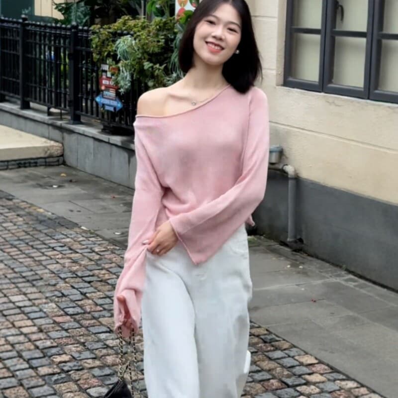 프랑스식 느긋한 바람 비스듬한 칼라 나팔 긴팔 니트 스웨터 여성 이른 가을 새로운 루즈핏 슬림해 보이는 고급 센스 오프숄더 맨위 상세 이미지 2