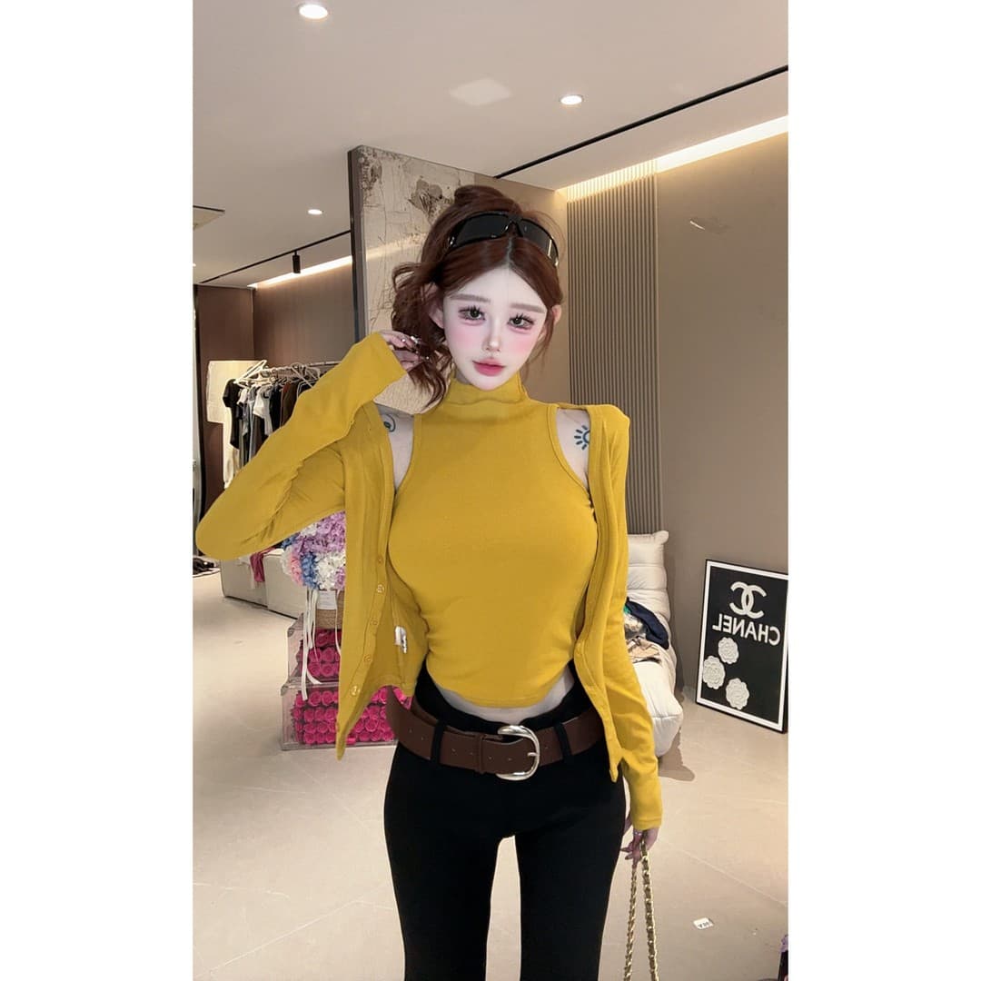 핫걸 슬림해 보이는 반하이넥 조끼 오픈 가디건 투피스 세트 이미지 4