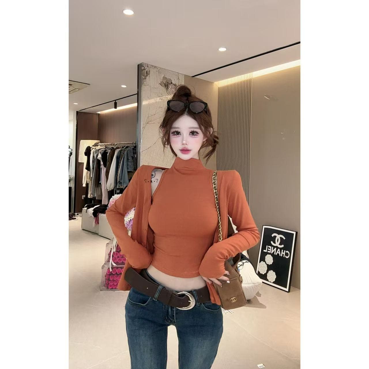 핫걸 슬림해 보이는 반하이넥 조끼 오픈 가디건 투피스 세트 상세 이미지 4