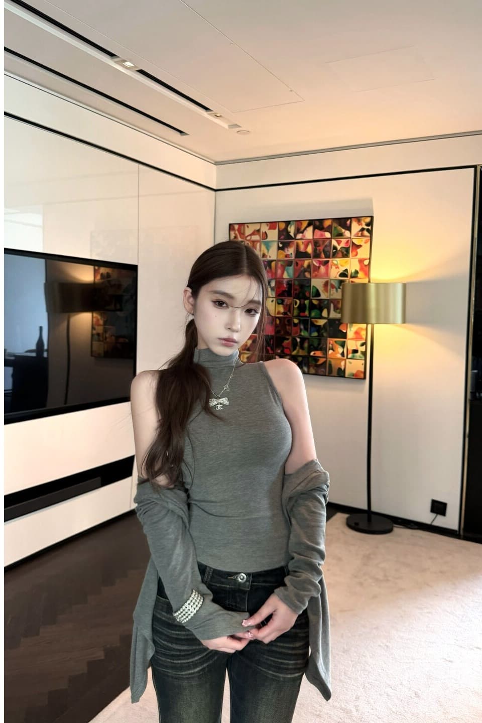 fallinfang 광장 약간의 우유 가스 bunny 민소매 반하이넥 니트 조끼 오픈 가디건 두 조각 여성 세트 이미지 6