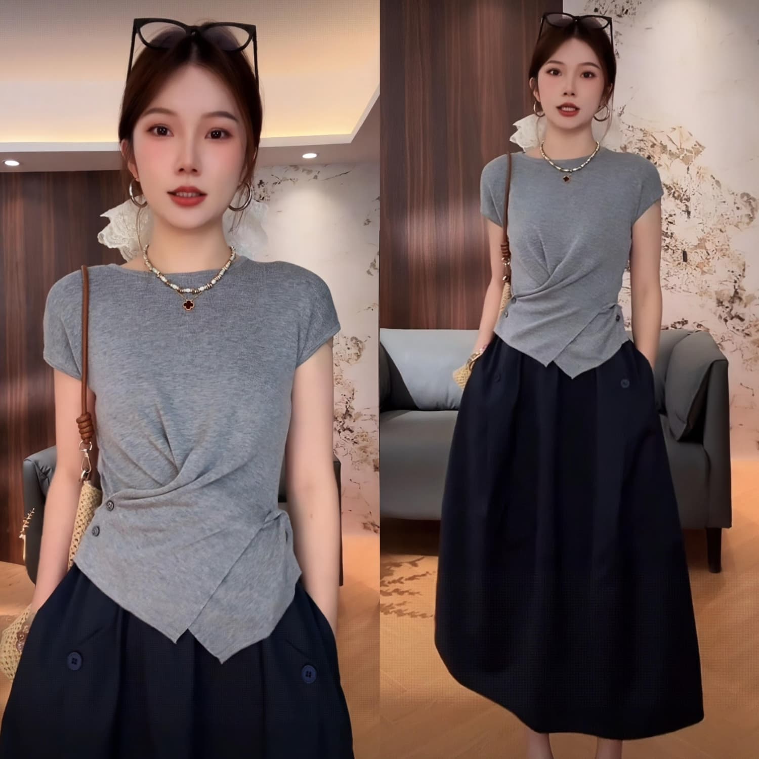 2026 여름 허리 수축 슬림해 보이는 반팔 티셔츠 맨위 다용도 반신 스커트 캐주얼 세트 품격 외국 가스 옷 여성 이미지 2