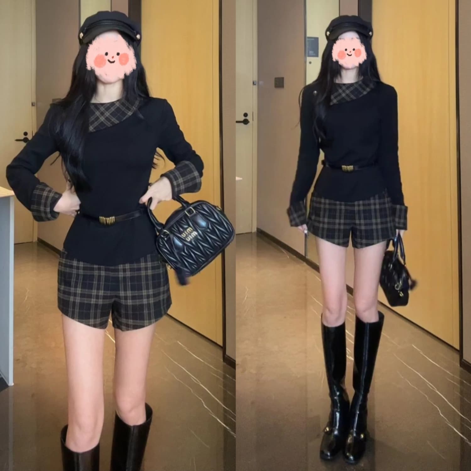 2026 가을 새로운 디자인 센스 패치워크 니트 맨위 다용도 슬림해 보이는 체크무늬 반바지 투피스 슈트 여성 작은 대중 상세 이미지 1