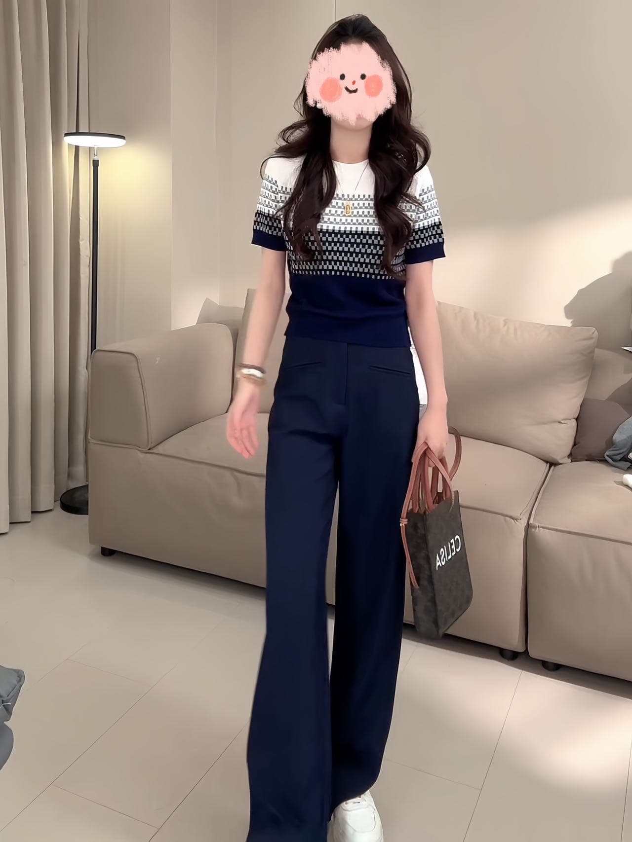 2026 여름 몸매 가꾸기 슬림해 보이는 배색 반팔 니트 맨위 다용도 캐주얼 와이드 레그 팬츠 세트 외국 가스 옷 여성 상세 이미지 13