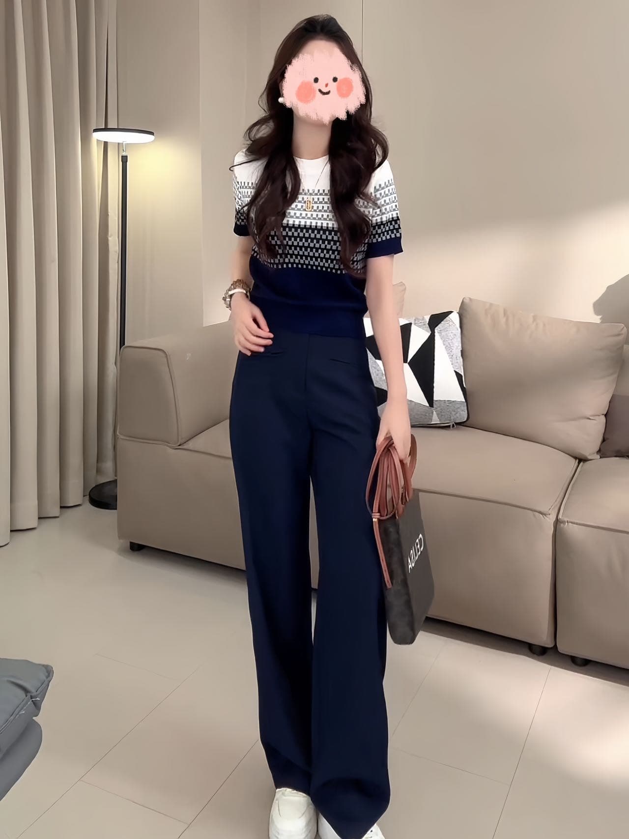 2026 여름 몸매 가꾸기 슬림해 보이는 배색 반팔 니트 맨위 다용도 캐주얼 와이드 레그 팬츠 세트 외국 가스 옷 여성 상세 이미지 16