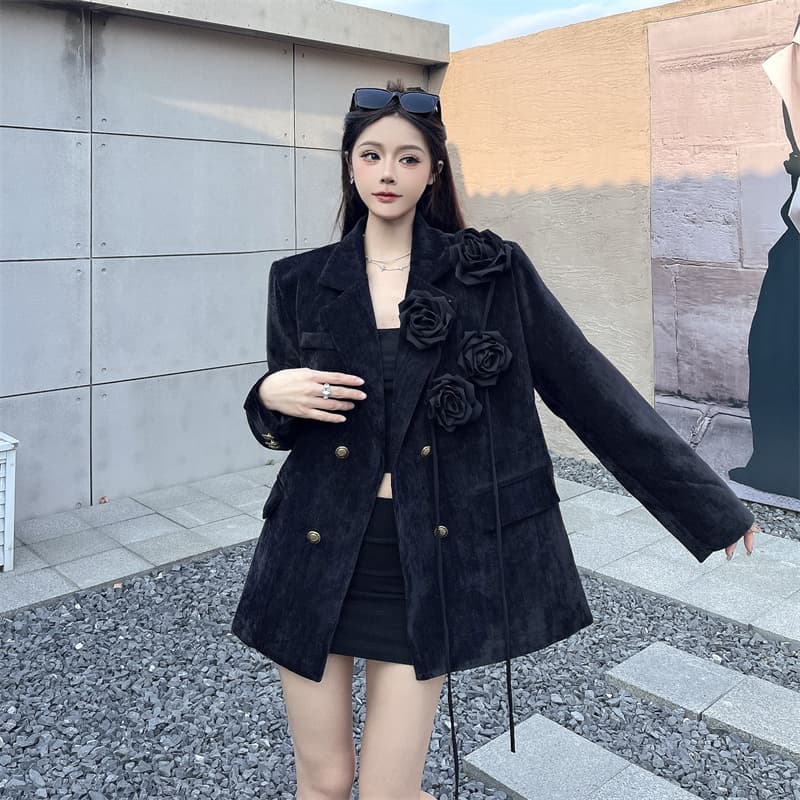 실사 고급 센스 셰닐 3 차원 꽃 무거운 작업 블레이저 작은 대중 디자인 긍정적 인 어깨 정장 상세 이미지 9