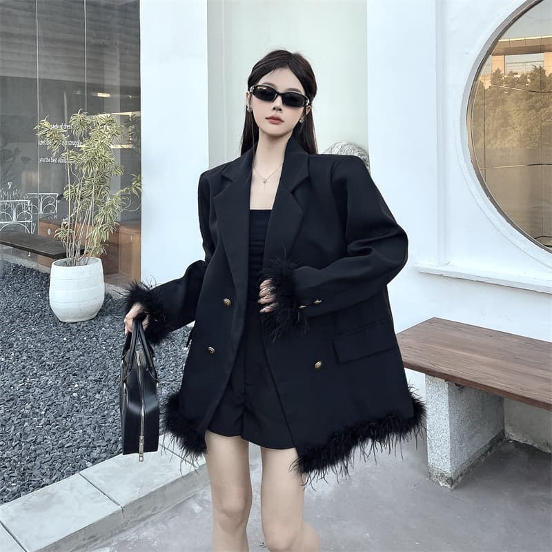 실사 고급 센스 빛 럭셔리 블레이저 품격 명문 여성 모피 패치워크 루즈핏 정장 이미지 6